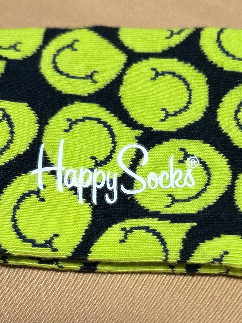 Happy Socks Black & Neon Green Smiley Pattern Crew Socks